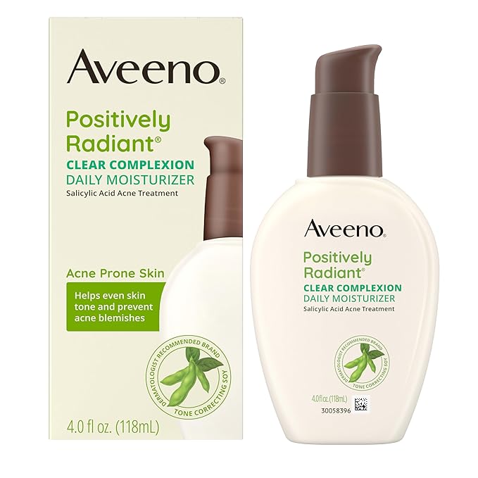 Aveeno Positively Radiant Clear Complexion & Acne Facial Moisturizer with Soy and Salicylic Acid for Oily Skin, Hypoallergenic Formula, Paraben-Free, Non-Comedogenic, Pump, 4 FL OZ, (Pack of 2)