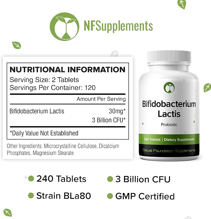 Bifidobacterium Lactis Probiotic 240 Tablets (4 Month Supply) - 3 Billion CFU Researched Strain - Supports Digestive & Immune Health - GMP Certified (240, Bifidobacterium Lactis)