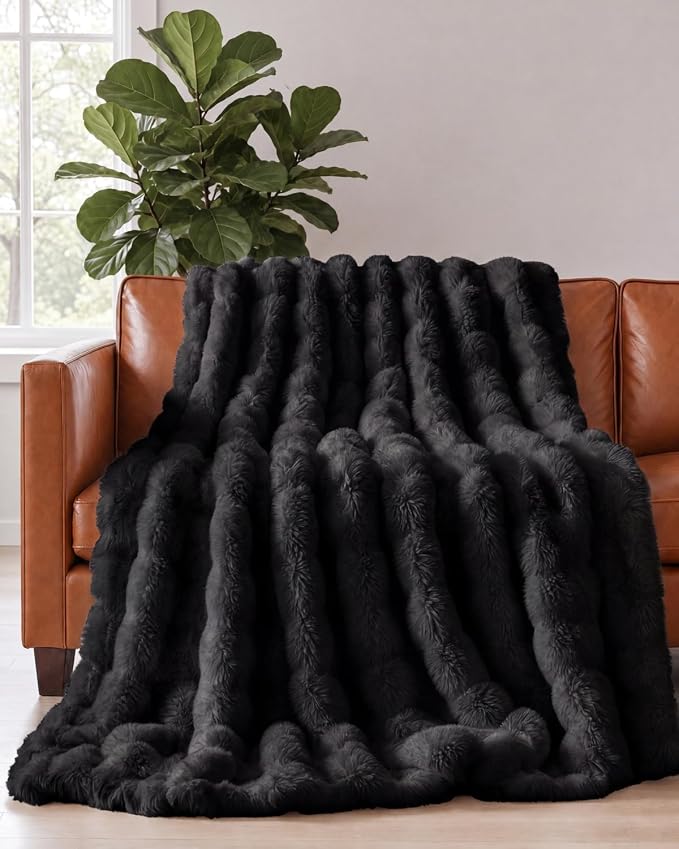 3D Fleece Bubble Blanket Queen Size - Rabbit Blanket - 90" x 90", Black | Soft Fluffy Faux Fur Blanket for Couch Sofa & Chair, Cozy Gifts for Women, Tie Dye Cloud Throw Bed Cover, Thick Plush Bedding