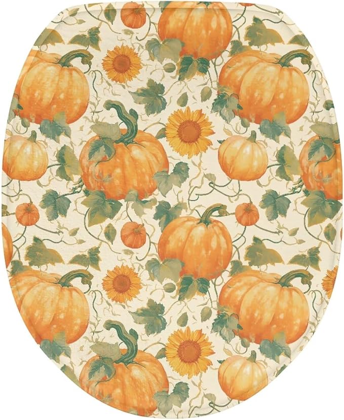 Pumpkins Sunflowers Toilet Lid Cover, Bathroom Decorative Flannel Soft Toilet Lid Cover, Bathroom Accessories Machine Washable Reusable