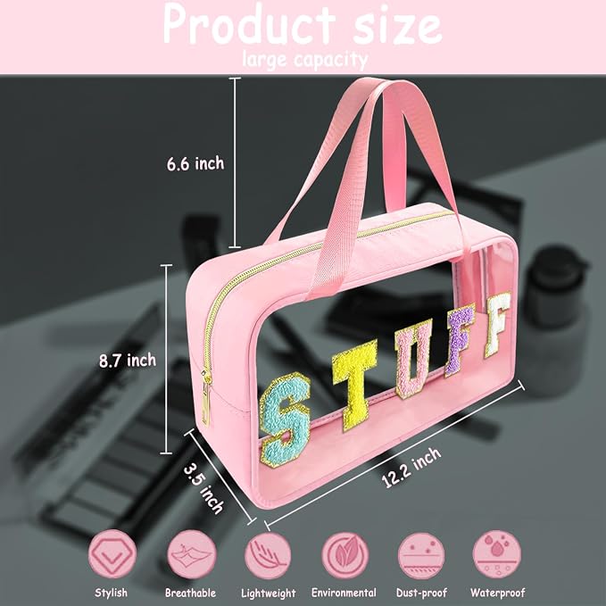 Chenille Letter Clear Makeup Bag Stuff Patch, Travel Toiletry Makeup Bag with Handle, Nylon Waterproof Makeup Bags clear cosmetic bag, preppy patch makeup bag for Women (STUFF-Pink)