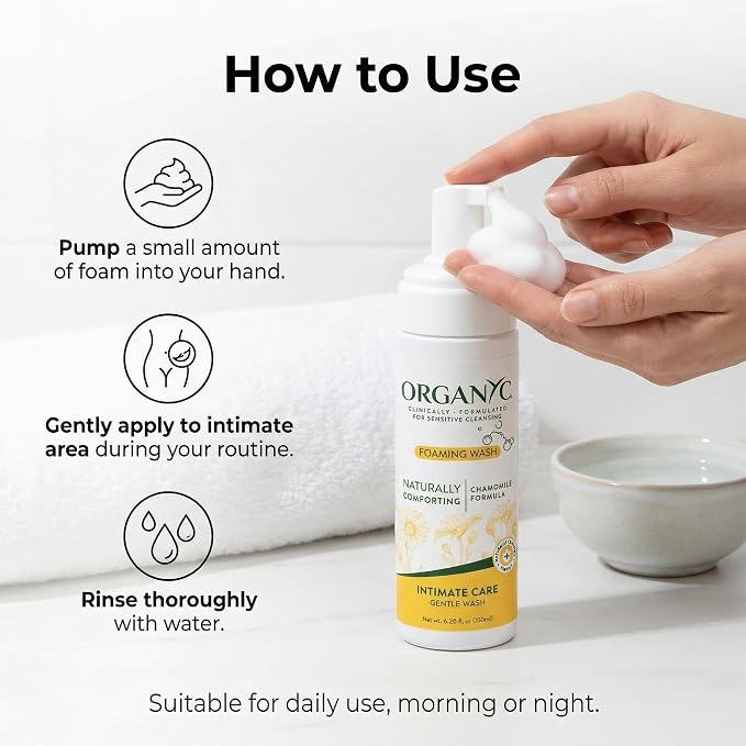 Organyc Intimate Foaming Wash for Women, Sensitive Skin Care, Certified Organic Ingredients, pH Balanced, Chamomile & Calendula, Gentle Daily Cleanser, 6.08 fl oz