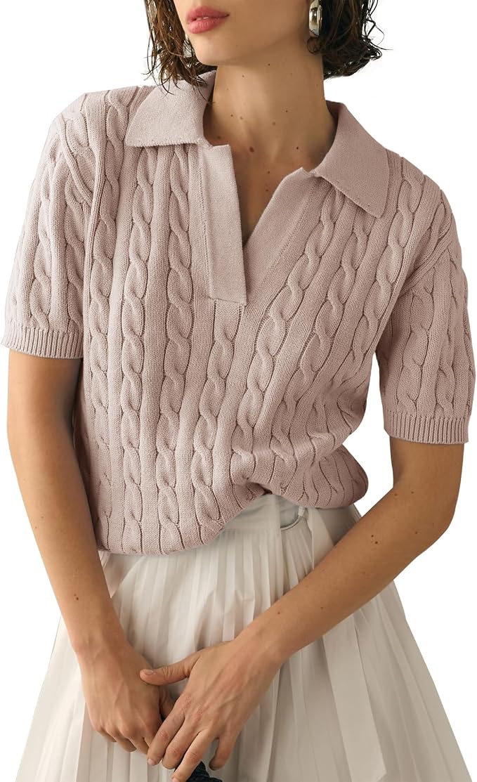 Imily Bela Womens Cable Short Sleeve Sweaters Tops Lapel V Neck Knit Shirt | Solid,Knit Casual,Soft Pullover,Fall Sweaters,Womens Summer Work Tops