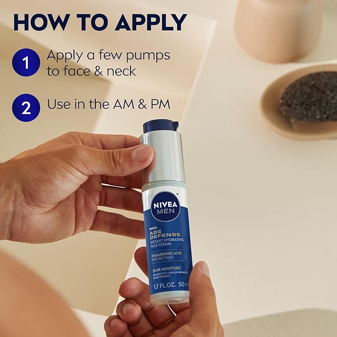 NIVEA MEN Age Defense Instant Hydrating Face Serum for Dry Skin, With Pro-Retinol and Hyaluronic Acid, Facial Serum Helps Reduce Look of Fine Lines and Wrinkles, 1.7 Fl Oz Bottle