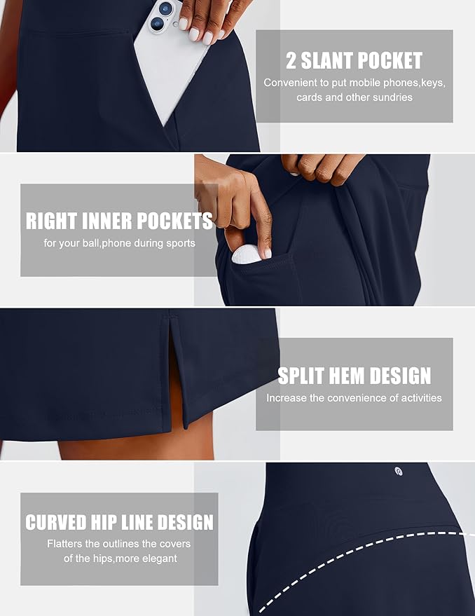PINSPARK 20" Skorts for Woman Knee Length UPF 50+ Golf Skirts | 4 Pockets, Built-in Shorts, High Waisted, Split Hem, Silky-smooth, Moisture-wicking, for Golf Athletic Tennis Workout Casual