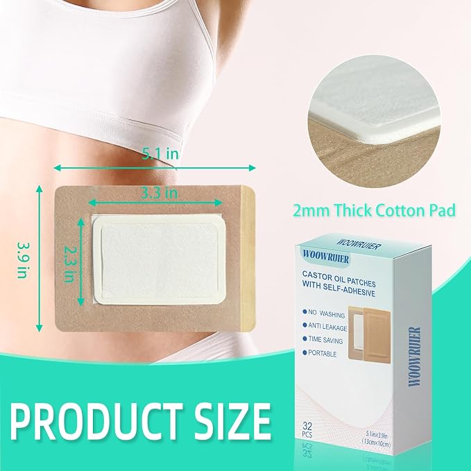 32 Pcs Castor Oil Patches, Castor Oil Pack Wrap with Anti Leakage Cotton for Belly/Feet/Knee (Oils Not Included), 5.1" x 3.9"
