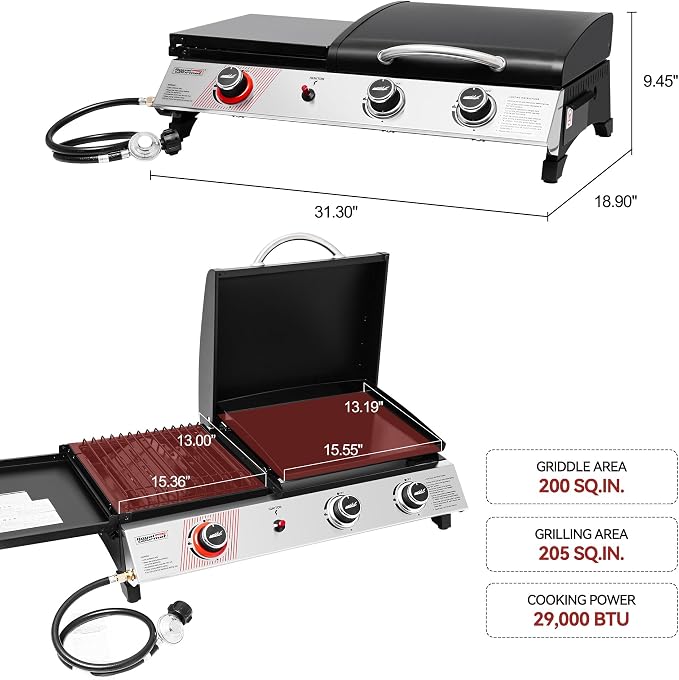 Royal Gourmet PD1305H 3 Burner Propane Gas Grill and Griddle Combo with Lid, 3-in-1 Grill Griddle Combo with 29,000 BTUs Output for Outdoor Cooking, 364 Sq. In. Cooking Area, Silver & Black | 3-in-1 Grill Griddle Combo | 29,000 BTUs Output, 364 Sq. In....