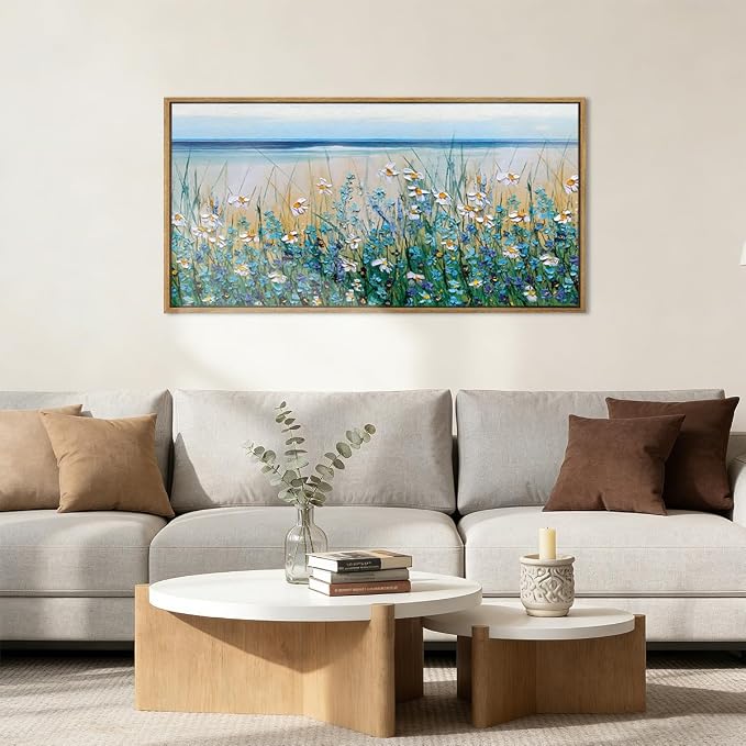 Large Blue Seaside Cyan Floral Wall Painting wildflower Blossom Art Framed Artwork for Living Room Bedroom 20x40 Inch