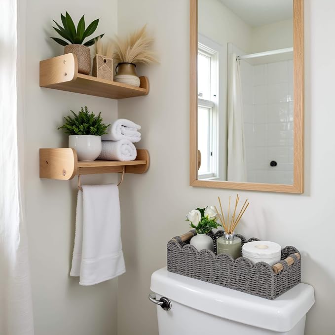 CubesLand Scalloped Toilet Paper Storage Basket W/Handle for Home Decor | Paper Rope Toilet Organizer Basket for Countertop, Over Toilet Shelf, End Table, Living Room Cozy Decorative & More, Grey