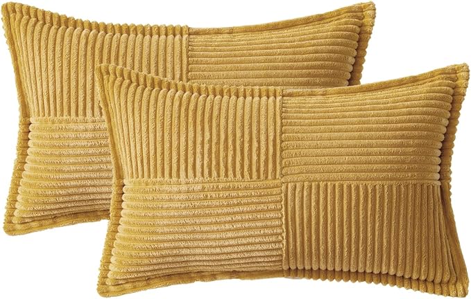 MIULEE Decorative Lumbar Throw Pillow Covers 12x20 Inch Gold 2 Pack | Boho Broadside Striped Patchwork Pillow Covers, Soft Corduroy Cushion Cases, For Couch Sofa Bed Livingroom Home Decor