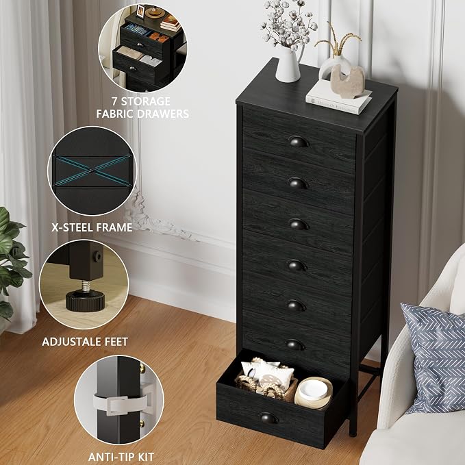Black Bedroom Dresser, Tall Chests of Drawers with 7 Fabric Bins | Sturdy Steel Frame, Wooden Top, Organizer in Closet, Tall Nightstand for Dorm, Living Room, Hallyway-Storage Tower Unit