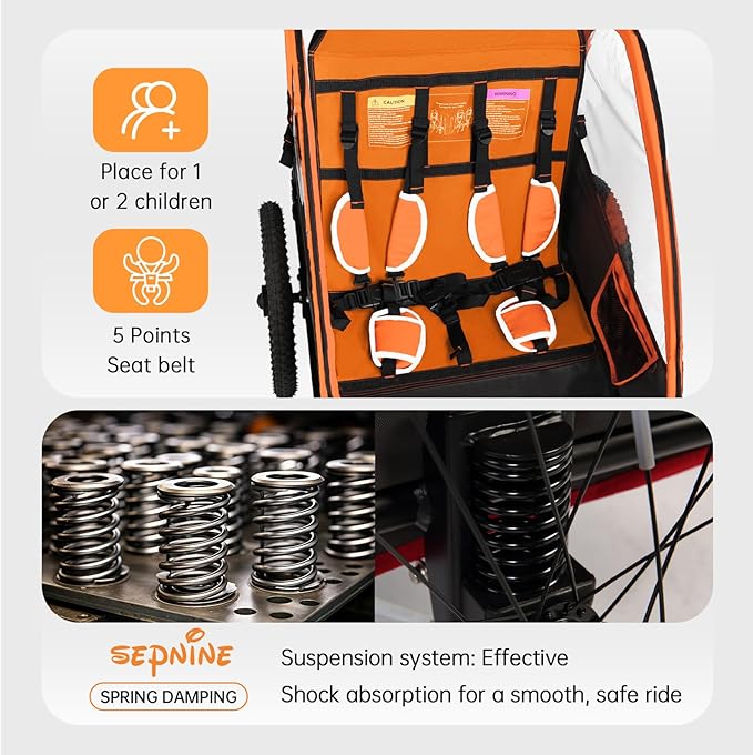 Sepnine 2-in-1 Kids Bike Trailer and Stroller with Suspension – Bike Trailer for 1 to 2 Children, Jogging Function, Foldable, 5-Point Harness, Spacious Storage, with Bug Screen and Weather Shield
