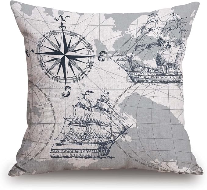 TSSOHU Nautical Sailboat Map Throw Pillow Cover Ship Anchor Cotton Linen Decorative Pillow Case Cushion Cover Home Sofa Decor 18x18 Inch Pillow Cover