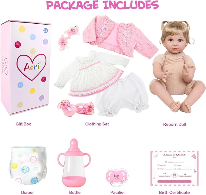 Aori Reborn Baby Dolls 22 Inch - Realistic Baby Doll for Kids 3+ Years - Lifelike Newborn Baby Girl with Pink Outfit - Handmade Cloth Body Reborn Toddler for Gift, Collection & Role Play