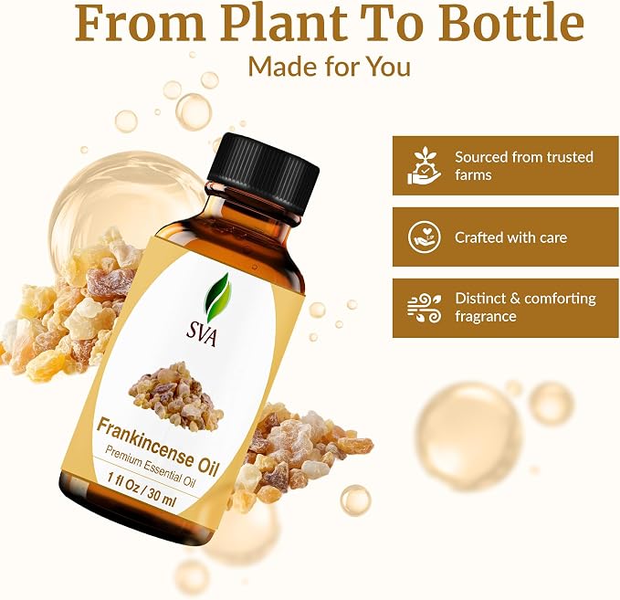SVA Frankincense Essential Oil – 1 Fl Oz – for Diffuser, Skin & Hair Care – Ideal for Massage & DIY Blends – with Dropper