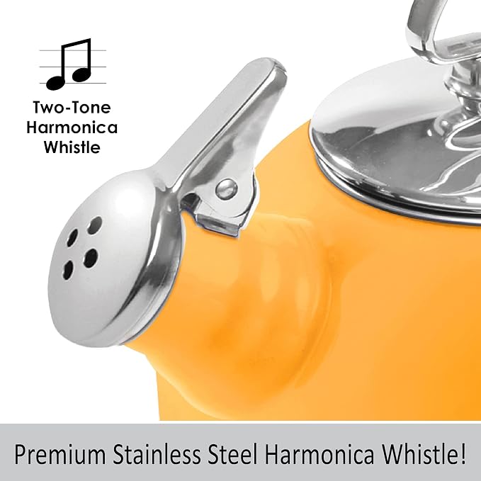Chantal Classic Teakettle, 1.8 QT, Enamel On Steel, 2-Tone Harmonica Whistle, Rapid Boil and Even Heating (Marigold)