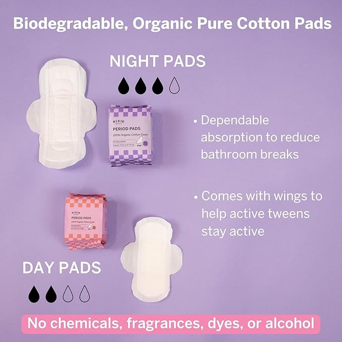 Pixie Period Starter Pads for Teen Girls - Organic Cotton 56ct - Designed for Tweens & Smaller Underwear - Leak-Proof with Wings for Feminine Care - Includes 32ct Mini & 24ct Regular Pads with Wipes