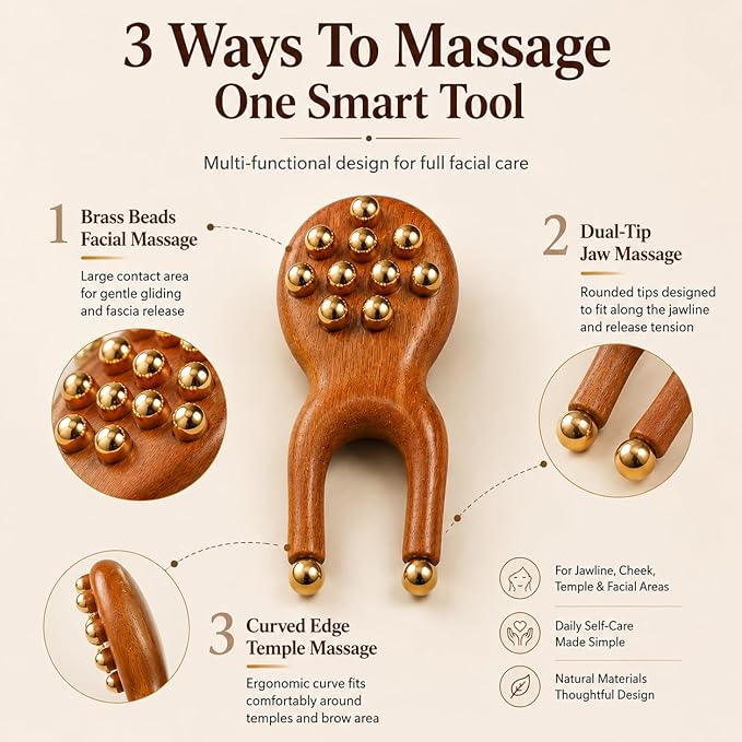 Scarab Acupressure Tool & Wooden Gua Sha Comb Set, Sandalwood Facial Massage Tools with Brass Beads for Face, Jawline, Scalp & Eye Care, Relaxation & Self Care Gift Set