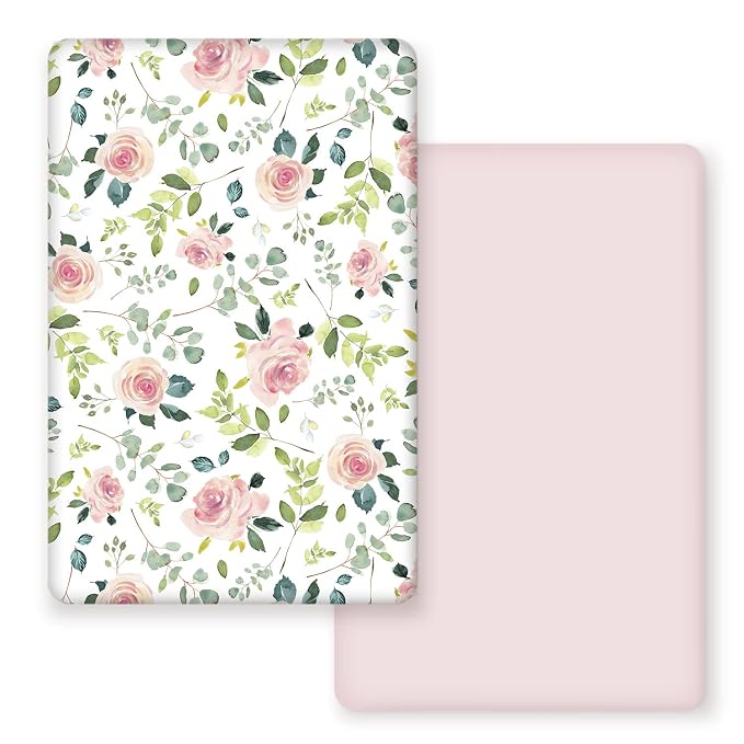 GRSSDER Stretchy Ultra Soft Jersey Knit Fitted Pack n Play Sheets Set 2 Pack, Portable/Mini Crib Sheets, Snug and Safe Playards Sheet for Baby, Pink Rose Stylish Print