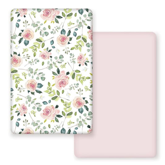 GRSSDER Stretchy Ultra Soft Jersey Knit Fitted Pack n Play Sheets Set 2 Pack, Portable/Mini Crib Sheets, Snug and Safe Playards Sheet for Baby, Pink Rose Stylish Print