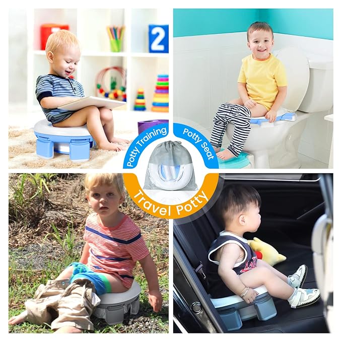 Orzbow Portable Potty Training Toilet, Travel Potty Seat for Toddler Boys Girls with Splash Guard, Potty Training Essentials, Foldable, Includes Free Travel Bag and 40 Liners, Indoor/Outdoor Use, Blue