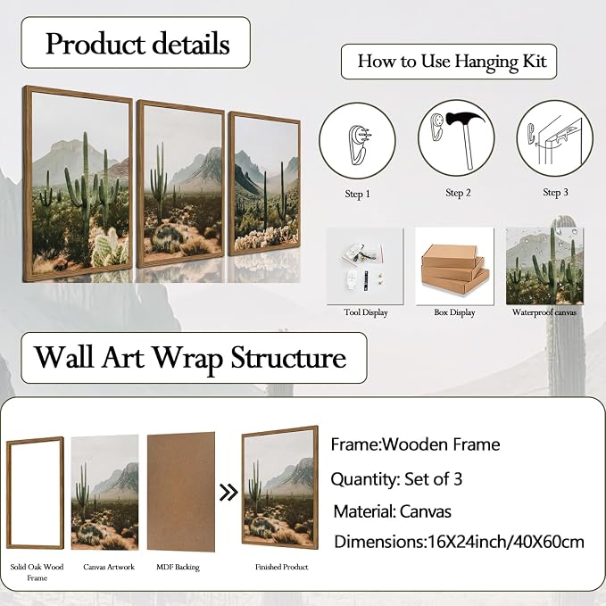 Framed Desert Landscape Wall Art Set of 3, Vintage Southwestern Cactus Wall Decor Paintings, Mexican Mountain Botanical Pictures Canvas Prints for Living Room Bedroom Bathroom Office 16x24 inch