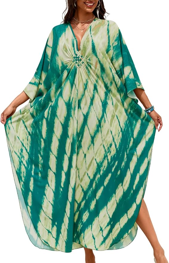 ChiaoLezhee Print Moo-Moos for Women, Kaftan Cover-Up Dresses, Sexy V-Neck High-Slit, Beach Pool-Party Coverups Muumuu Plus