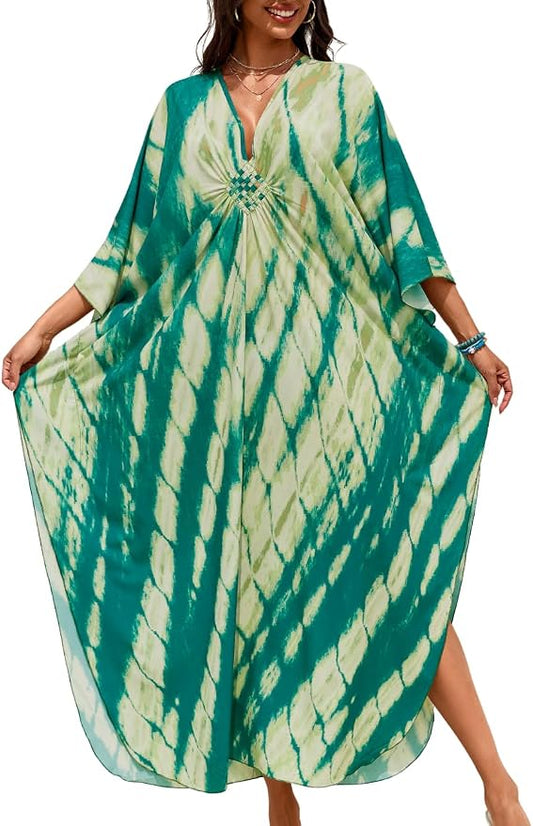 ChiaoLezhee Print Moo-Moos for Women, Kaftan Cover-Up Dresses, Sexy V-Neck High-Slit, Beach Pool-Party Coverups Muumuu Plus