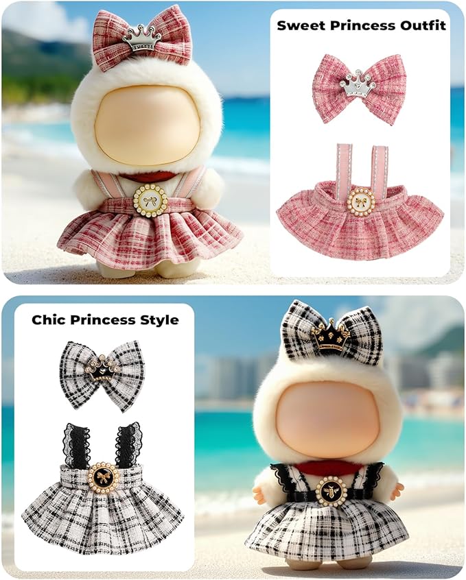 (4-Pack) 17cm Clothes Set, Black Plaid Outfit & Pink Plaid Dress Set with Bow Clip and Metallic Details, Cute Pink Clothing, Knitted Doll Clothes with Hat & Crossbody Bag for 17cm Doll