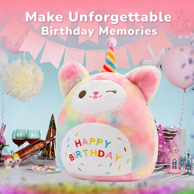 Sioloc 15.7" Rainbow Birthday Cat Plush Pillow - Soft Kitten Stuffed Animal Toy, for Kids, Toddlers, Birthday Decor