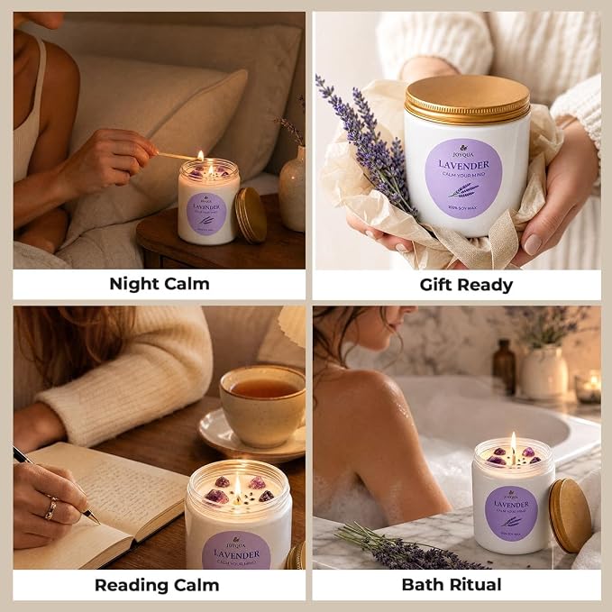 Meditation Candle Gift, 9 oz Lavender Crystal Candle, Gold Lid | White jar with gold lid, lavender soy candle, amethyst crystals, 9 oz, 40 hour burn, self care gift
