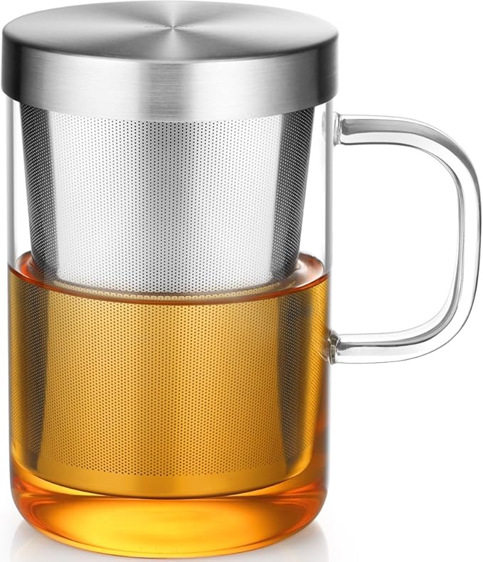 ecooe 16.9 OZ Borosilicate Glass Tea Mug Cup Glasses with Stainless Steel Infuser & Lid, Loose Leaf Tea Cup Clear Teacup 430mL(Use Capacity)