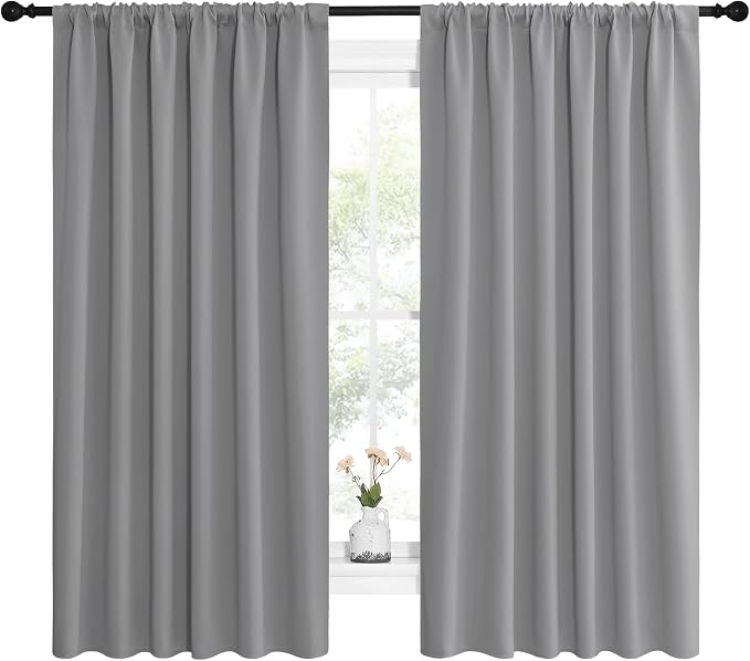 NICETOWN Short Curtains for Wide Window - Thermal Insulated Rod Pocket Blackout Drapes/Draperies for Dining Room (2 Panels, W62 x L63 inches, Silver Grey)