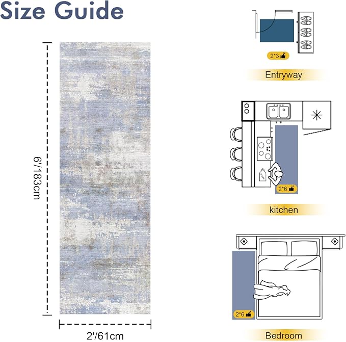 2x6 Ft Washable Runner Rug, Non-Slip Low Pile Hallway Kitchen Area Rug, Soft Long Entryway Floor Mat Abstract Pattern Carpet for Bedside & High-Traffic Areas (Blue/White)