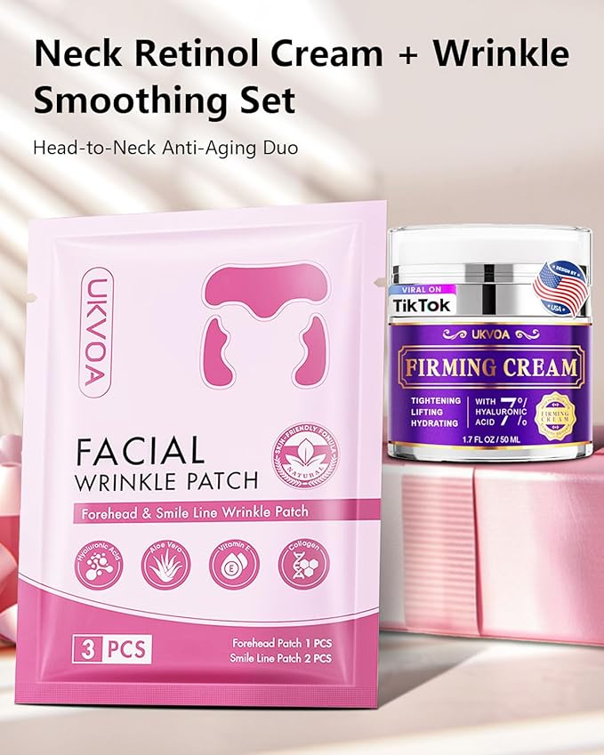 UKVOA Forehead Wrinkle Patches & Smile Line Patches, Overnight Facial Wrinkle Treatment with Hyaluronic Acid, Aloe, Collagen & Vitamin E to Lift Smile Lines for Women 36pcs with Neck Firming Cream