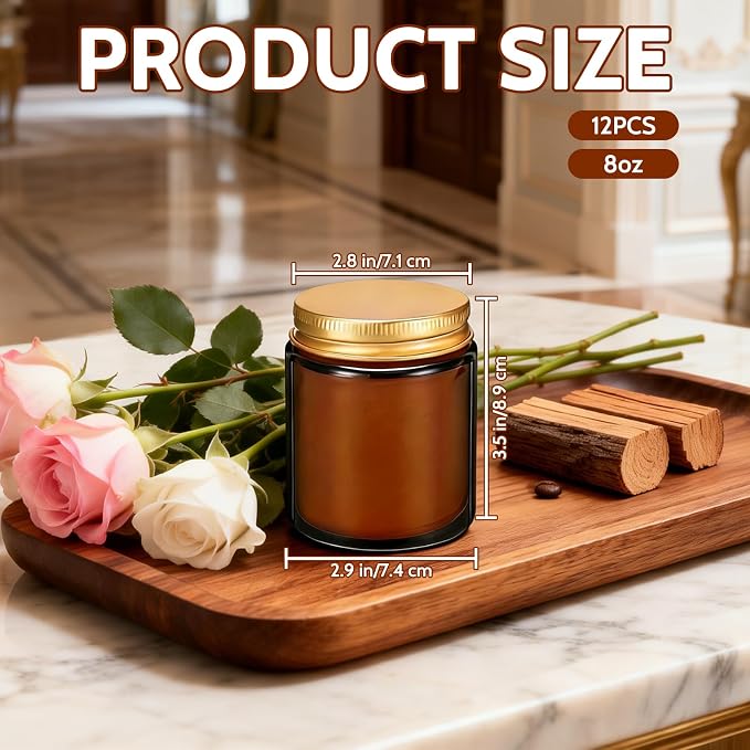 12 Pack 8 oz Rose Sandalwood Scented Soy Candles, Bulk Glass Jar Candles, Aromatherapy Candles for Home, Office, Wedding, Party & Gifts