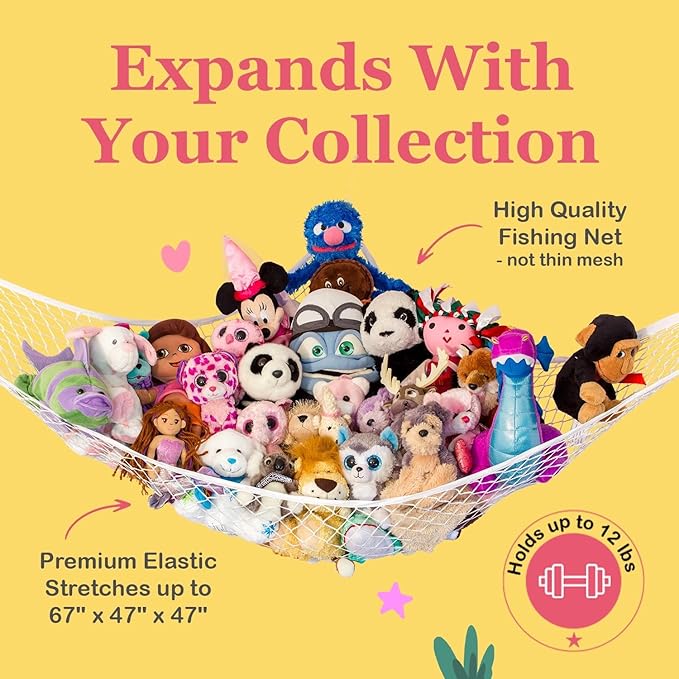 Lilly's Love Stuffed Animal Hammock | Corner Hanging Organizer, Toy Storage, Stuffed Animal Storage Net | Made from Quality Fishing Net, Holds 12lbs | 67"x47"x47" (Coral, 2 Pack)