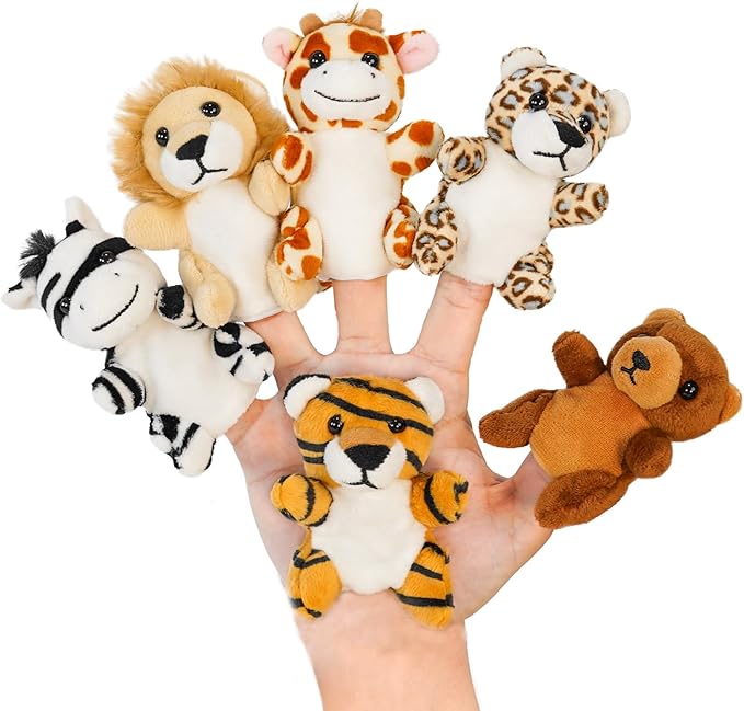Jungle 6pcs Finger Puppets Set, Cute Animal Puppet for Role-Playing Mini Hand Puppets Giraffe Zebra Lion Tiger Brown Bear Leopard (jungle02)