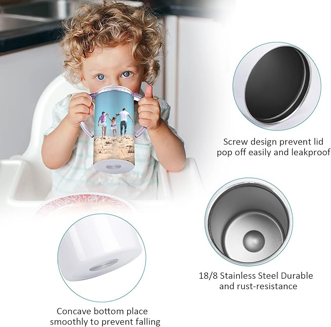 Sublimation Blanks Skinny Sippy Cups, 12oz Spill Proof Stainless Steel Insulated Tumbler with Lid and Straw, Double Wall Water Bottle with Handle for Kids and Children
