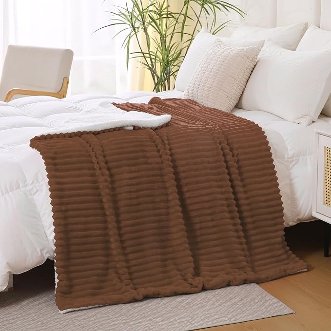 Chocolate Sherpa Fleece Throw Blanket 50”×60” for Couch Sofa Bed | Double Side Soft Fuzzy Cozy Plush Thick Flannel Blanket with Striped Design Gift for Adults,Woman