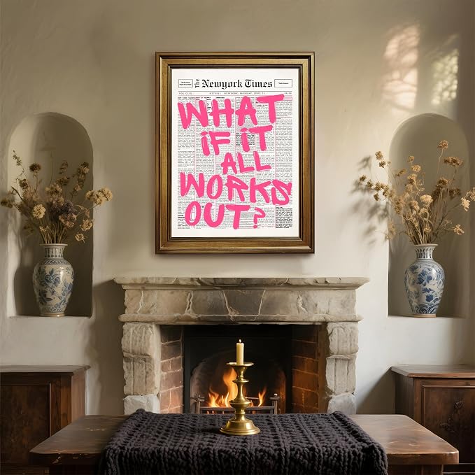 What If It All Works Out Poster Retro Newspaper Pink Wall Art Positive Affirmation Quote Minimalist Canvas Painting Prints Wall Decor Aesthetic for Home Bedroom Office 12x18inch Gold Framed