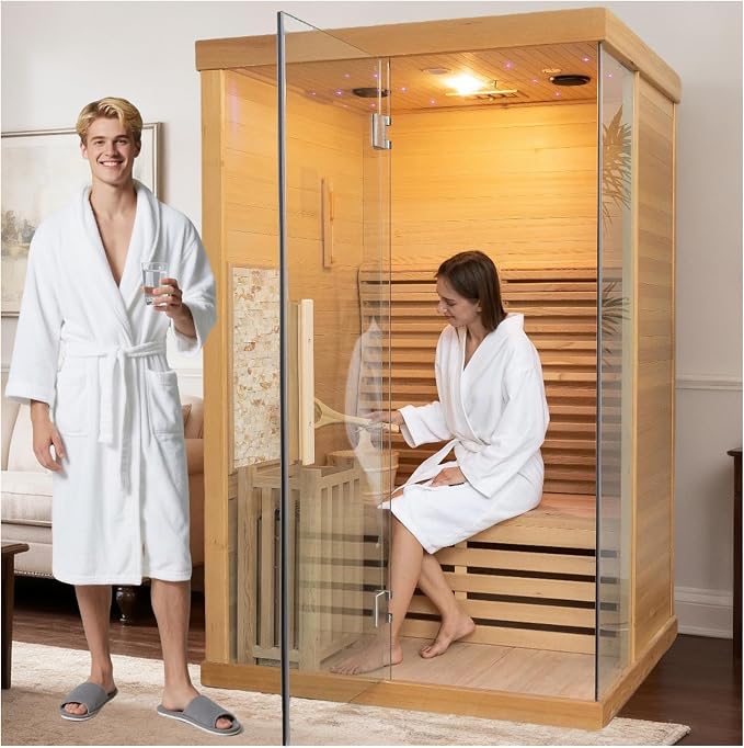 Smartmak Wood Home Traditional Steam Sauna, WiFi Control 2 Person Luxurious Indoor Canadian Hemlock Wooden Spa Room, with 3.5 kw Heater, Backrest, Bluetooth Speaker, Rock, Water Bucket, Spoon, Light