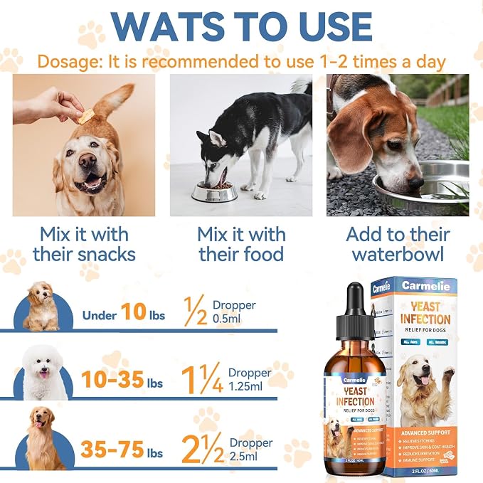Carmelie 2PCS Yeast Infection Treatment for Dogs, Support Healthy Itch Relief, Ear Paw Discomfort Care, Itch Relief for Dog, Allergy Supports, Inflammation Relief for Dogs, Bacon Flavor 60ml