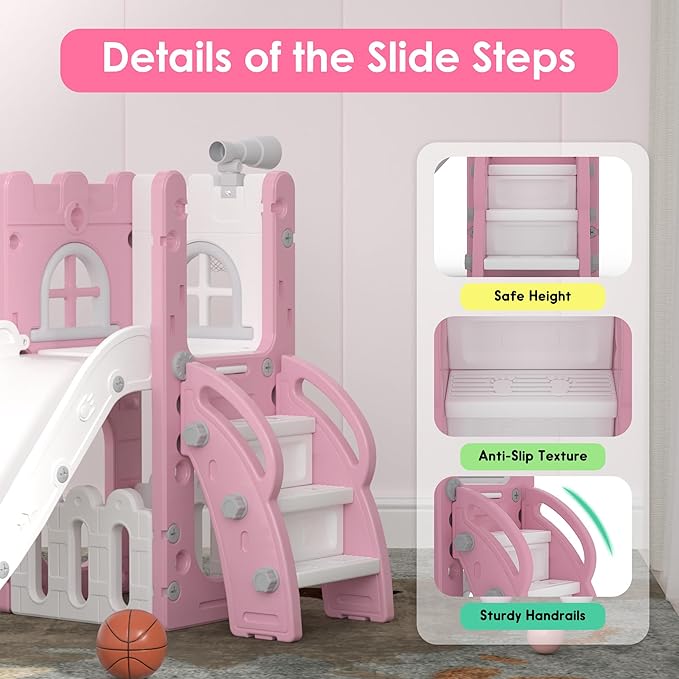 6 in 1 Toddler Slide Playset, Kids Indoor Outdoor Playground with Basketball Hoop,Storage and Telescope,Toddler Climber Slide Activity Center