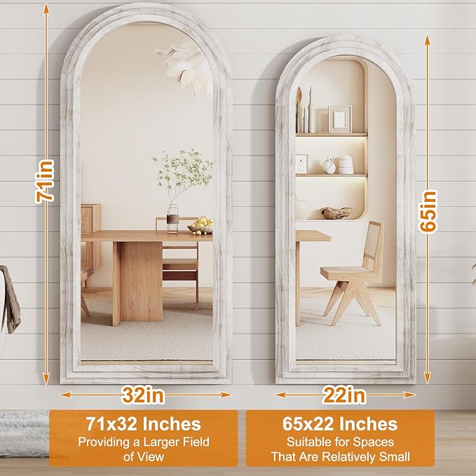 ZHUNFA External Three-Layer Arched Full Length Mirror with Solid Wood Frame | 65x22 Modern Farmhouse Decor Standing Mirror Full Length, Wall Mounted, Leaning, Standing for Bedroom, Living Room, White.