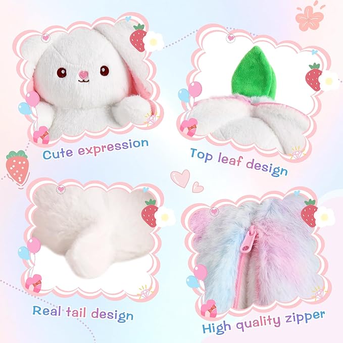 MIAODAM Rainbow Strawberry Bunny Stuffed Animal, Nebula and Strawberry Bunny Plush Turn Into Rabbit Fruit Doll Pillow, Plushie Cute Bunny Toy for Baby and Kids (10 inch)