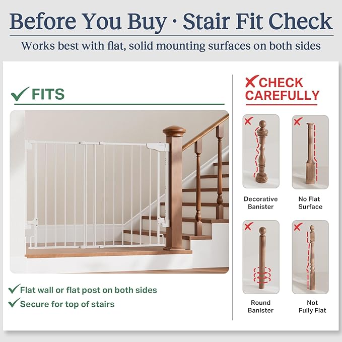 Cumbor 29.2–43" Baby Gate for Stairs, Hardware Mounted (Drill Required), Expandable No Bottom Bar Dog Gate, Auto Close Extra Wide Walk Thru, Pet & Toddler Proof Gate, Top & Bottom of Stairways (White)