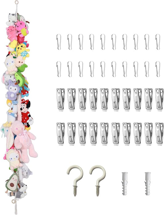 1 Pcs Cotton Stuffed Animal Storage Chain with 20pcs Metal Clips for Hanging Small Plush 80inch Wall Organizer Stuffed Animals Storage Holder for Hanging Nursery Play Room Wall Door (1Pcs White)