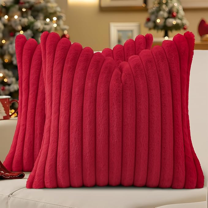decorUhome Fall Faux Fur Throw Pillow Covers 20x20 Set of 2 Red | Decorative Soft Cozy Striped Plush Modern Farmhouse Boho Couch Pillow Cases Velvet Back for Sofa Bed Living Room Home Decor