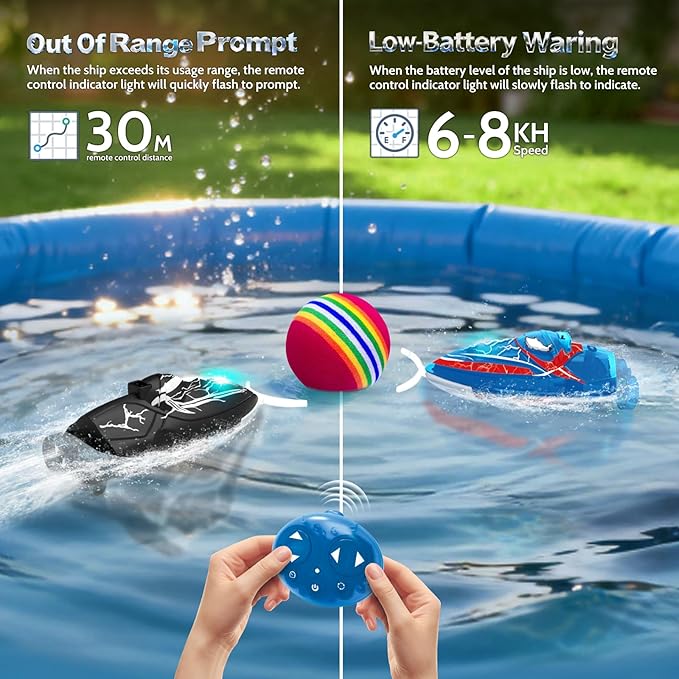 2-Pack Mini RC Boats with Floating Ball – 2.4GHz Remote Control Boats for Pools & Lakes, 2 Speeds, Auto Flip, Waterproof, Low Battery Alert, for Kids & Adults